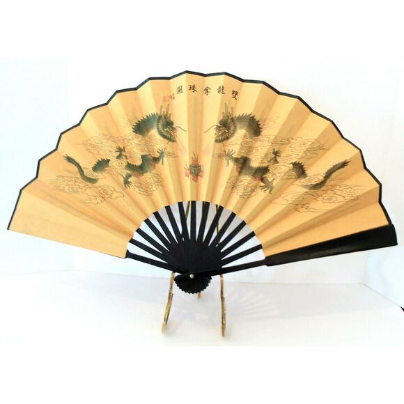 VTG Japanese Wooden HAND HELD FAN Hand Painted Duling Dragons Words Paper 23x13" - Picture 7 of 7